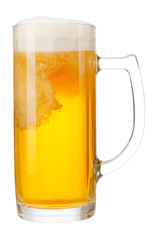 cold mug of beer with foam isolated on white background
