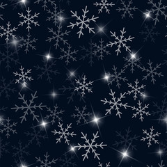Fototapeta na wymiar White snowflakes seamless pattern on black Christmas background. Chaotic scattered white snowflakes. Fantastic Christmas creative pattern. Vector illustration.