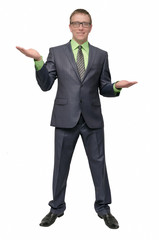 The businessman weighs all the pros and cons. A man holds in his palms some copy space and chooses between it.