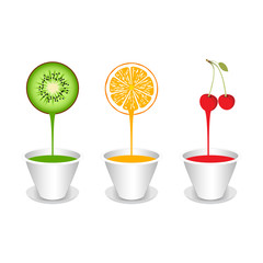 Orange, kiwi fruit, juice. Fresh fruits and splashes, 3d vector icon set.