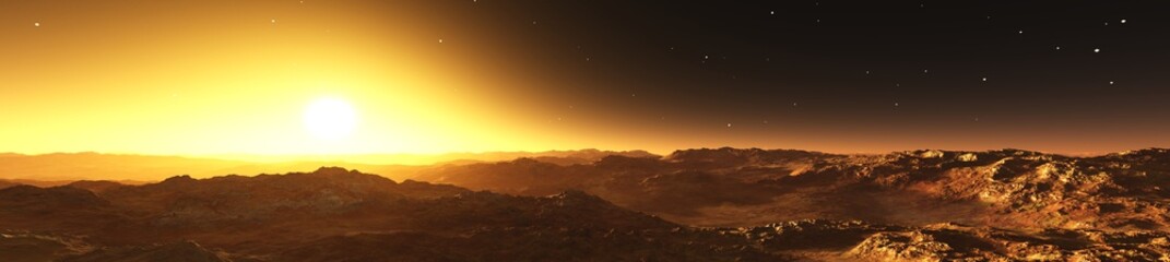 panorama of an alien landscape, mercury at sunset,
3D rendering
