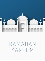 Ramadan Kareem 3d abstract paper cut illustration. Islamic mosque and blue sky. Space for text.
