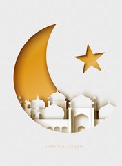 Ramadan Kareem 3d abstract paper cut illustration. Islamic mosque, moon and gold sky.