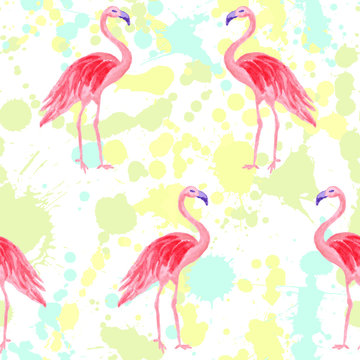 Fashionable flamingo watercolor seamless tropical pattern. 