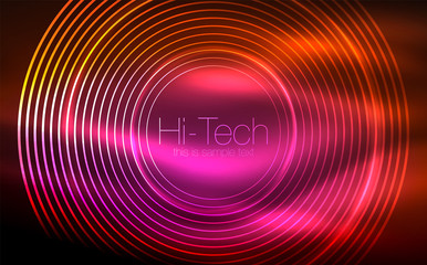 Circular glowing neon shapes, techno background. Abstract shiny transparent circles on dark technology space