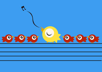 A yellow bird teaching how to sing to other little red birdsover electricy wires. Vector Illustration