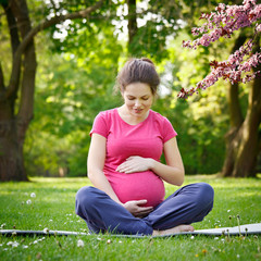 Beautiful pregnant woman relaxing in the spring park