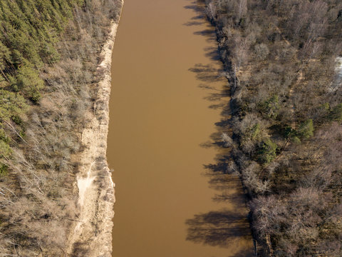 drone image. aerial view of forest river in spring. Gauja, Latvia