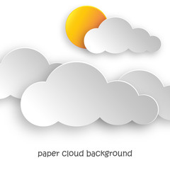 Paper art of clouds and yellow sun. Vector illustration.