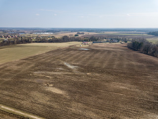 drone image. aerial view of wet cultivated agriculture fields near Jaunpils in Latvia