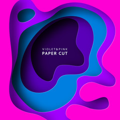 Paper cut vector background. Paper art is violet and blue colors. Square template with paper figures. Bright modern design for poster, flyer, poster, postcard