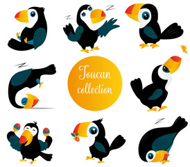 Set of cute bright cartoon toucans