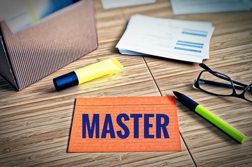 Index cards with legal issues with glasses, pen and bamboo with the word Master