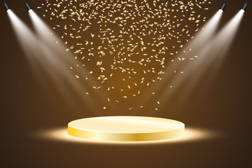 
Golden podium with a spotlight on a dark background, with fog and confetti, the first place, fame and popularity. Vector illustration
