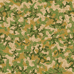 Urban camouflage seamless pattern. Abstract military hexagon style. Camouflage seamless pattern for army, navy, hunting, fashion cloth textile. Colorful modern soldier style. Vector honeycomb texture.