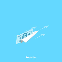 A paper airplane flies with a bill inserted into it, an isometric image