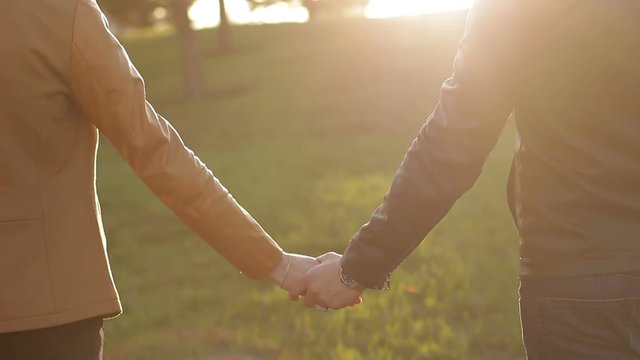 Close-up of a gay couple holding hands and walking in a park