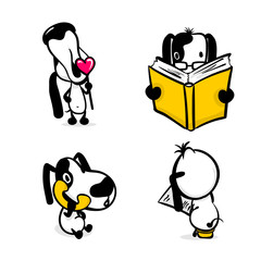 Cute dog reading book sticker set. Monochrome puppy collection design. Simple black white sketch vector illustration design. Comic character active funny animal pet. Happy friendly doggy collection.