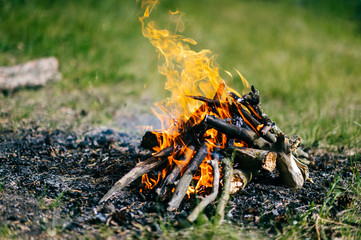 Burning firewood in outdoor summer camp on green abstract background. Travel and tourism. Nature leisure rest. Wood in flame. Lifestyle cozy place for dinner preparation. Smoldering coals and ash.