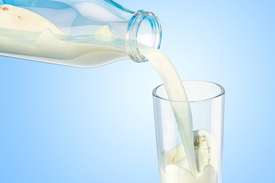 Pouring fresh milk into a glass against blue background, 3d rendering