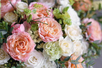 Close-up Beautiful Bouquet. Spring flowers in the cold room of the flower shop
