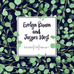 Beautiful postcard, invitation, banner with green eucalyptus leaves and branches on a black background in a square frame. vector