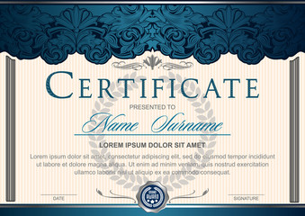 Certificate (horizontal) in the style of vintage, rococo, baroque in the form of a scene with scenes and columns. Decorated with classic floral ornament, flourish. Blue with silver color scheme