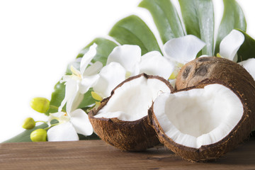 coconut open to natural on wooden bottom