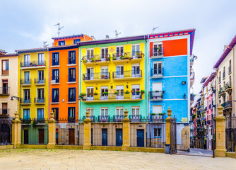 Colorful houses on a street in Pamplona, Spain