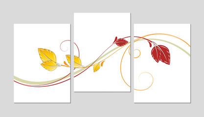 A set of three beautiful backgrounds for printing with autumn leaves for decorating the walls of a cafe, restaurant, living room, kitchen, bedroom. 