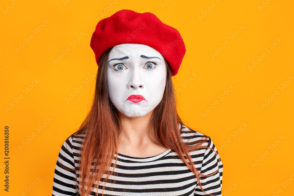Wall mural Closeup portrait of cute unhappy mime woman cry - Wall murals