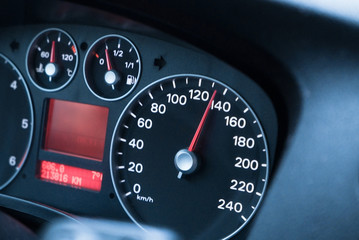 Driving at high speed, speedometer close-up