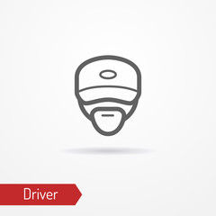 Typical simplistic driver face in baseball cap. Truck driver or delivery guy head isolated icon in line style with shadow. Profession and industrial vector stock image.