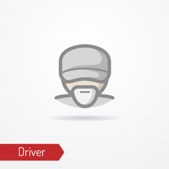 Typical simplistic driver face in baseball cap. Truck driver or delivery guy head isolated icon in flat style with shadow. Profession and people vector stock image.