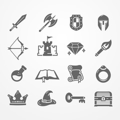 Set of fantasy role play PC game icons in silhouette style. Sword battle axe shield warrior helmet bow castle diamond torch potion spell book scroll. Vector stock image. - 200817361