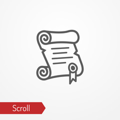 Abstract paper scroll with stamp. Isolated icon in silhouette style. Typical medieval or fantastic spell or law scroll. Vector stock image.