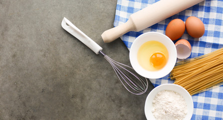 Dough preparation recipe homemade bread, pizza or pie ingridients, food flat lay on kitchen table background.
