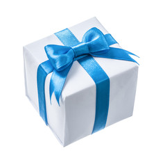 White present box with blue ribbon isolated on white