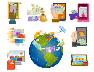 Mobile payments icons vector smartphone transaction ecommerce wallet wireless connection banking card credit online pay shopping.