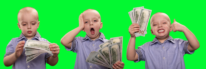 Collage of a cute Caucasian boy holding American money. Shooting in the studio on an isolated green background