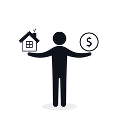 Man balances Money and house icon. Real estate sale illustration. Coin and home balance. Weights with house and money coin. Vector isolated sign