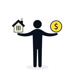 Man balances Money and house icon. Real estate sale illustration. Coin and home balance. Weights with house and money. Vector isolated color illustration