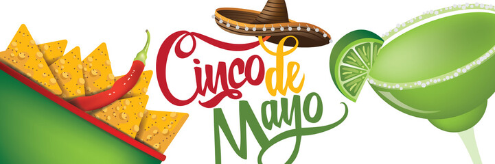 Cinco de Mayo hand drawn lettering with festive straw sombrero party banner.  EPS10 vector illustration.