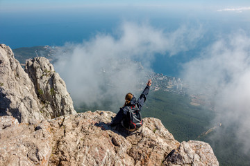 Ai-Petri, Crimea - September 2014: Southern coast of Crimea, battlements of Mount Ai-Petri. View of the city of Alupka