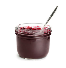 Jar with sweet jam on white background