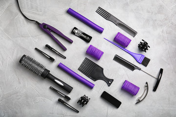 Professional hairdresser set on grey background