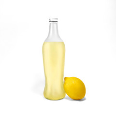 Lemonade isolated photo Transparent glass bottle with lemonade and one whole lemon near are standing on white background Photo mockup in front view with copy space
