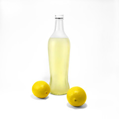 Lemonade isolated photo Transparent glass bottle with lemonade and two whole lemons near are standing on white background Photo mockup in front view with copy space