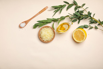 Fresh ingredients for homemade effective acne remedies on light background, flat lay