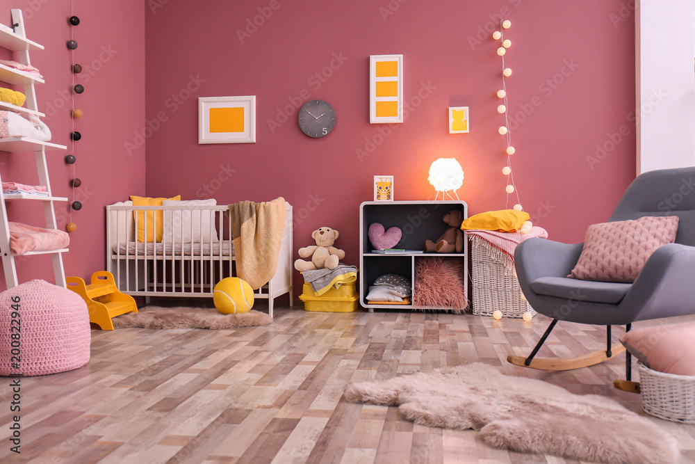 Sticker Interior of beautiful modern children's room with crib